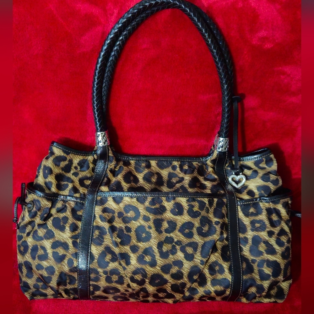 Brighton Leopard Print Nylon with Black Patent Leather Trim Shoulder Bag